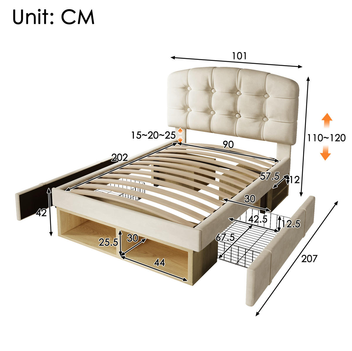 POLSTERBETT 90/200 cm Beige aus Samt mit höhenverstellbarem Kopfteil - Beige, Textil (90/200cm) - OKMYHOME