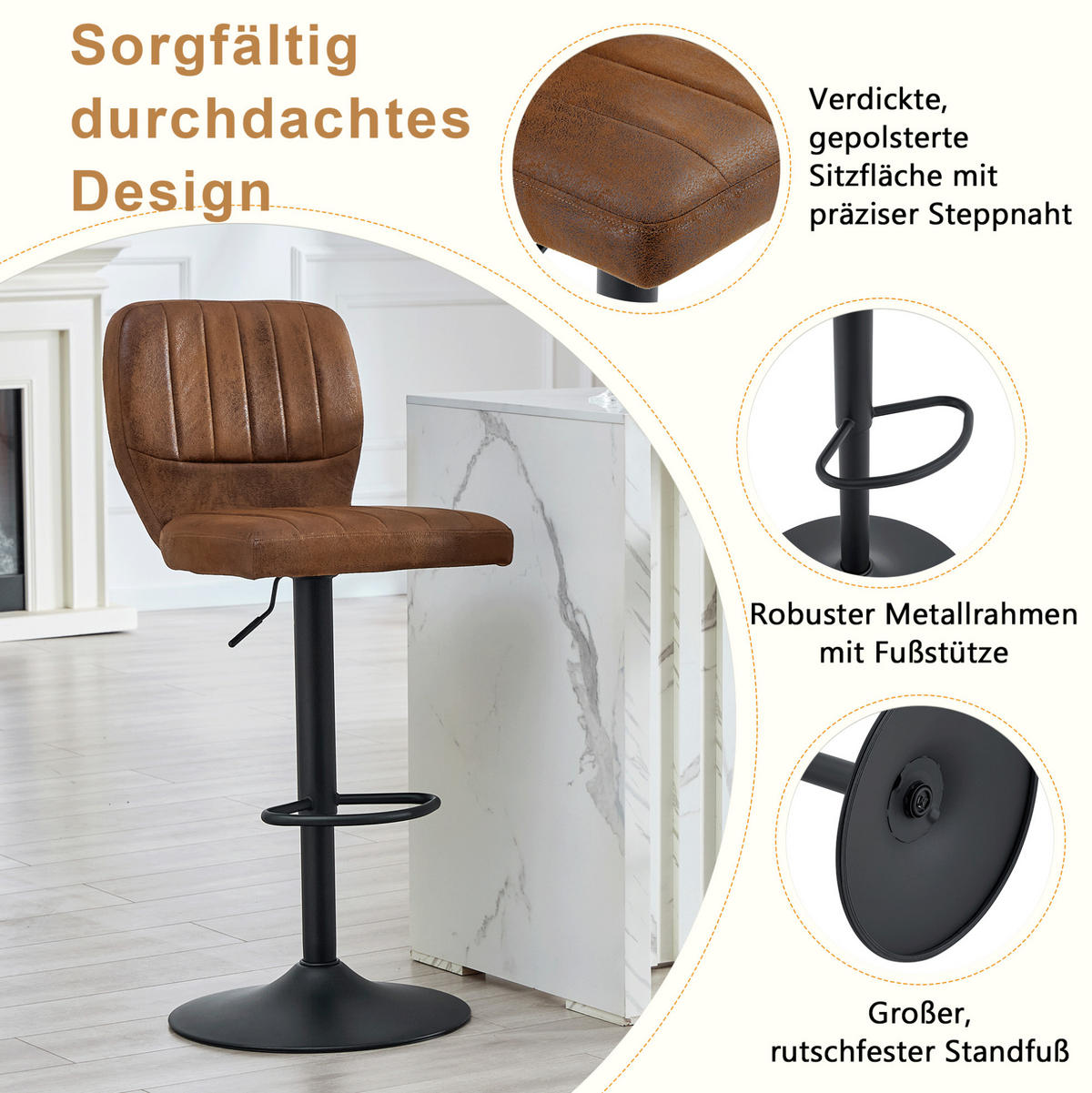 BARHOCKER höhenverstellbar 52 x 45 x 93-114 cm Schwarz/Braun - Schwarz, Metall (45/114/52.1cm) - Meubliv