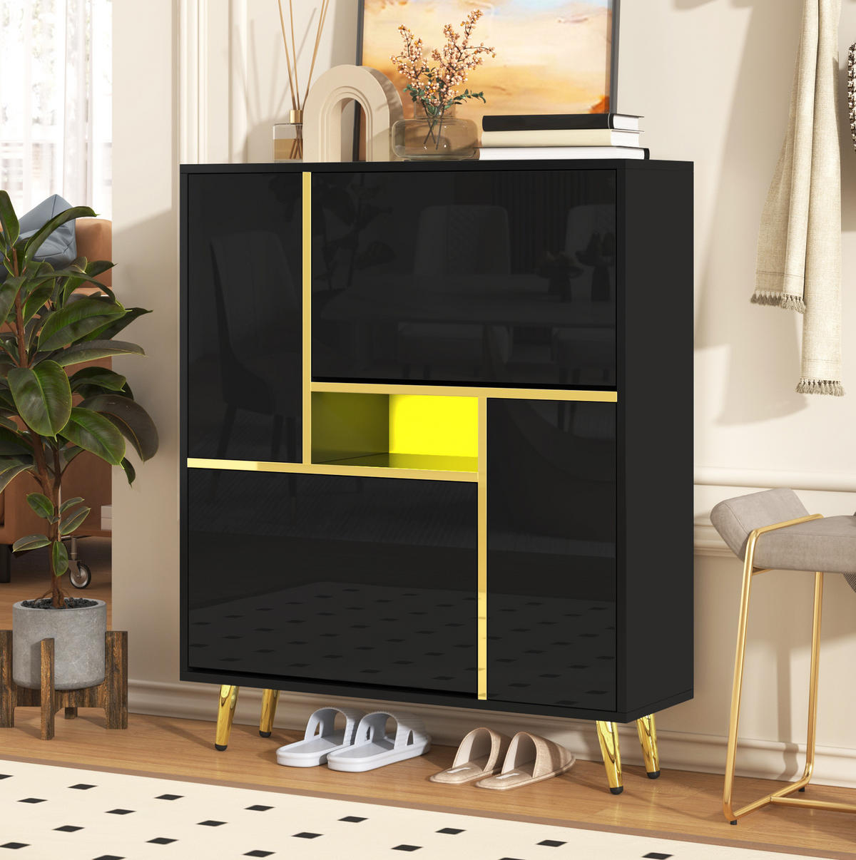 SCHUHSCHRANK 80/25/96 cm in Schwarz mit Hochglanzfront und LED-Beleuchtung - Schwarz, Holzwerkstoff (80/96/25cm) - Flora Grace
