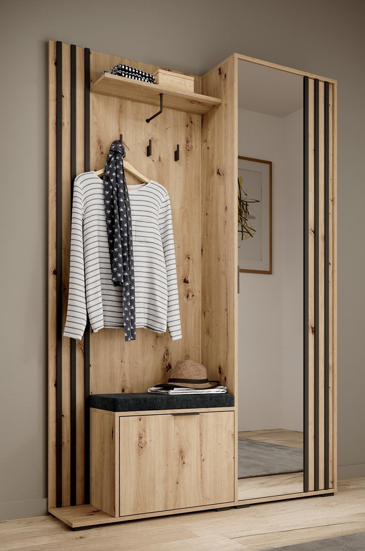 GARDEROBE Schwarz MELA Artisan Laminiert Mit Spiegel - Schwarz/Eiche Artisan, Holzwerkstoff (131/192/40cm) - Sepro Meble