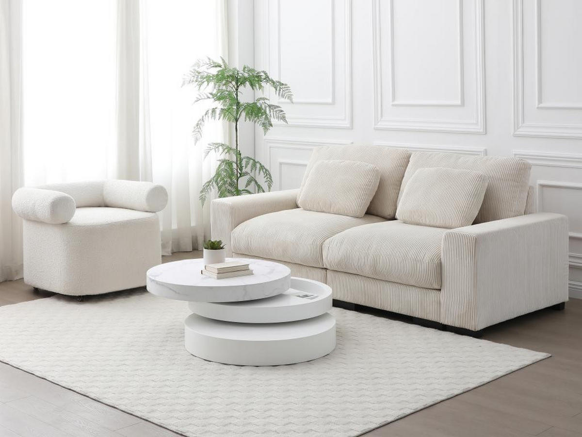 COUCHTISCH rund - drehbar - 1 Ablagefach - MDF - Marmor-Optik Weiß & Weiß lackiert - JANITA - Weiß, Holz (80/80/32.5cm) - Vente-Unique