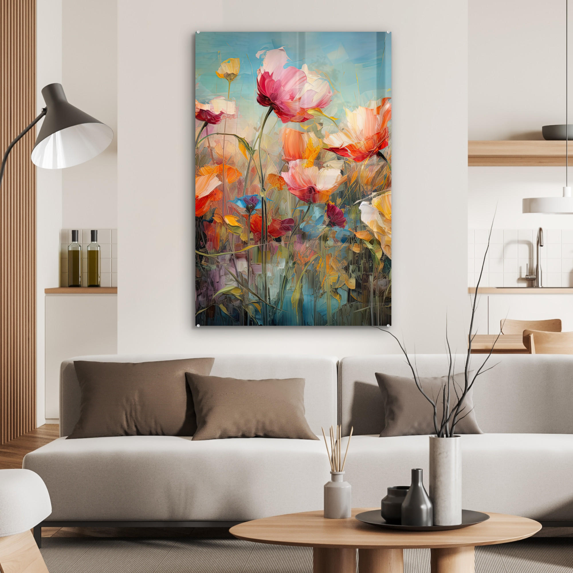 ACRYLGLASBILD Blumen - Aquarell - Kunst - Botanisch - Natur 60x90 cm - Orange, Glas (60/90cm) - MuchoWow