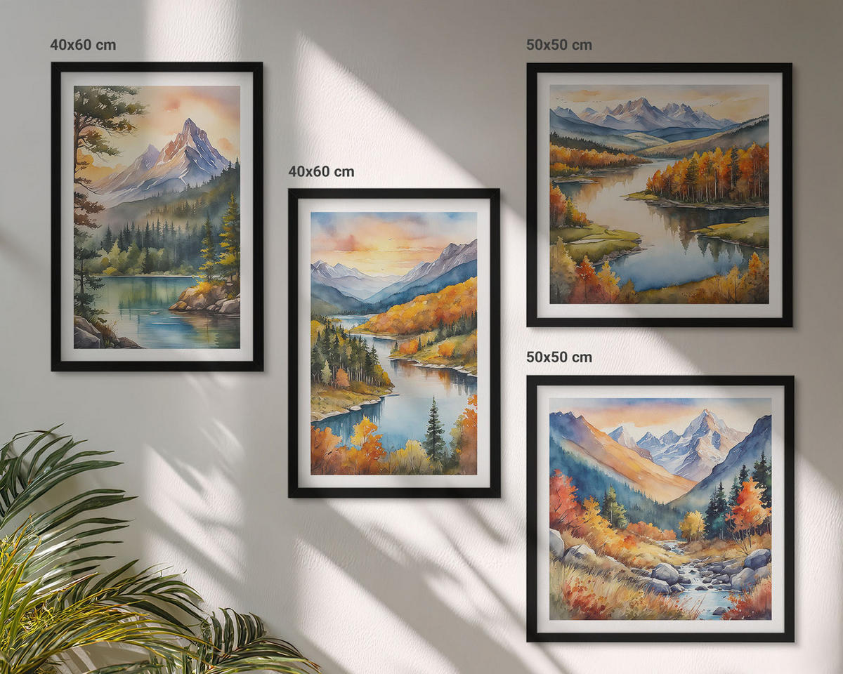 WANDBILDER 4er-Set - 50x50 cm & 40x60 cm Schwarzer Rahmen - Berglandschaften mit einem Fluss - Schwarz, Kunststoff (50/50cm) - ArtPrintCave