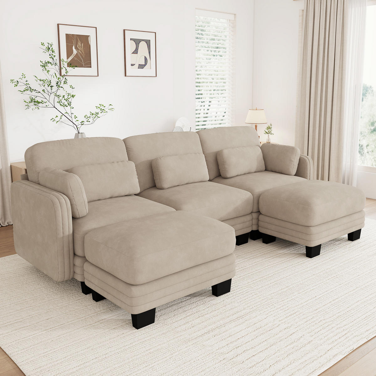 WOHNLANDSCHAFT U-Form 3-Sitzer mit 2 Hockern, DE-42686, Hellbraun - Hellbraun, Holz (253/88/143cm) - ComfortXL