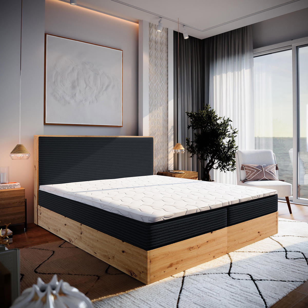 POSTEL BOXSPRING VERDON 140x200 cm, s matrací a úložným prostorem, černá - černá, kompozitní dřevo/textil (140/200cm) - MASSENO