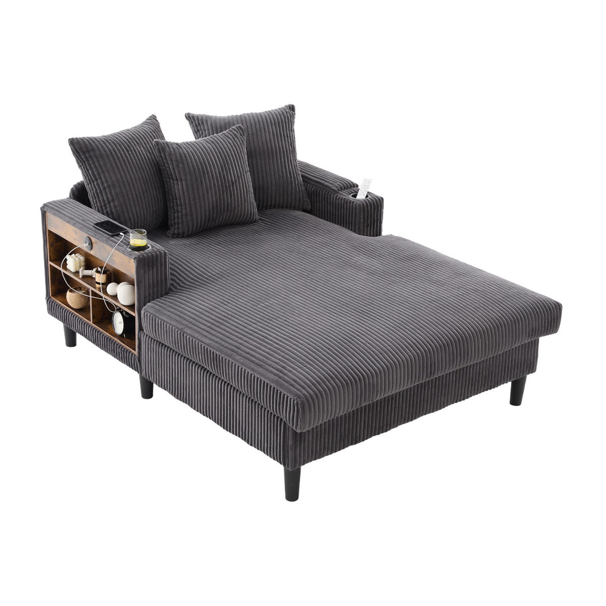 CHAISELONGUE mit Stauraum 129 x 170 cm Corduroy Dark Gray - Dunkelgrau, Holz (170/70/129cm) - Meubliv