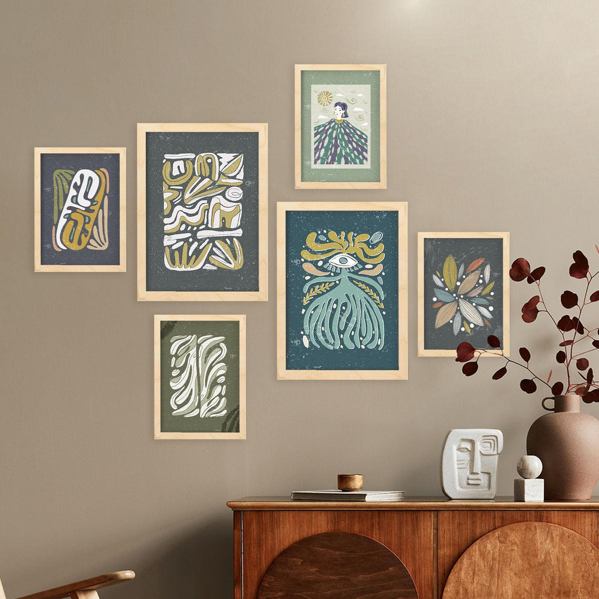 POSTER Set Mit 6 Drucken Mit Kalten Tönen In Der Sammlung Ethnischer Style Drucke Dekorative Für Zuhause Wandkunstdruck A3 & A4 Rahmen Aus Hellem Holz - Beige, Papier (29/3cm) - Nacnic