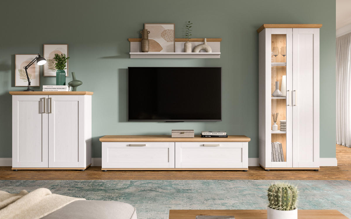 WOHNWAND 4-teilig weiß Lärche, Eiche Artisan 336 cm Landhaus, Schrankwand mit viel Stauraum - Silberfarben/Schwarz, Glas/Holzwerkstoff (336/161/40cm) - Inn.Furn