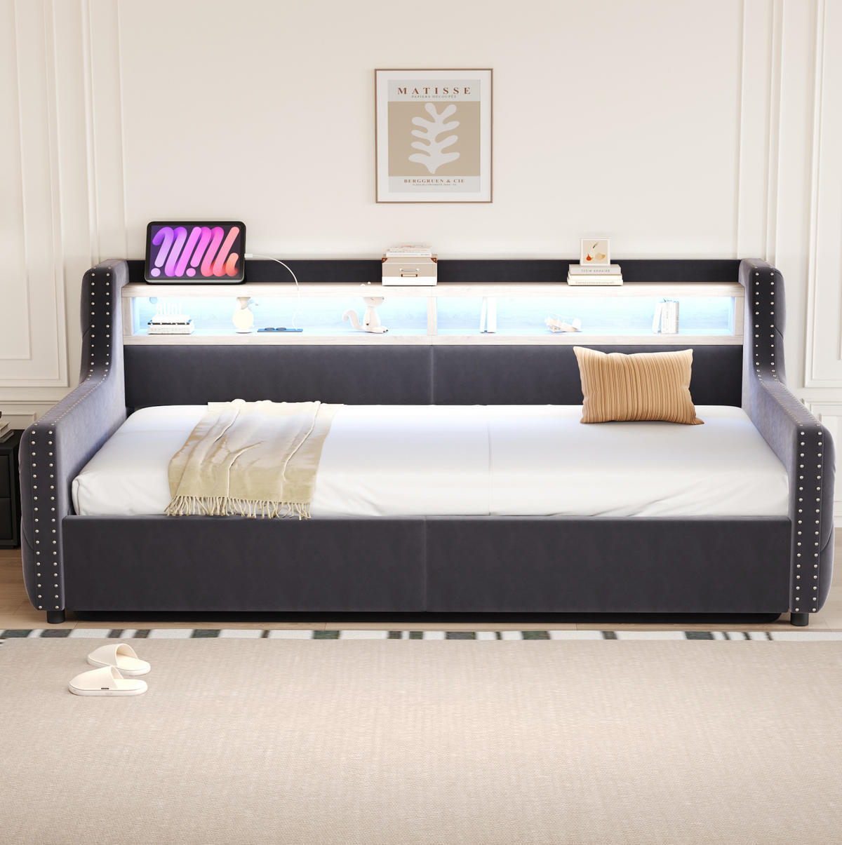 POLSTERBETT 90/200 cm aus Samt mit LED Stauraum und Ladeanschlüssen Dunkelgrau - Grau, Textil (90/200cm) - Modenvie