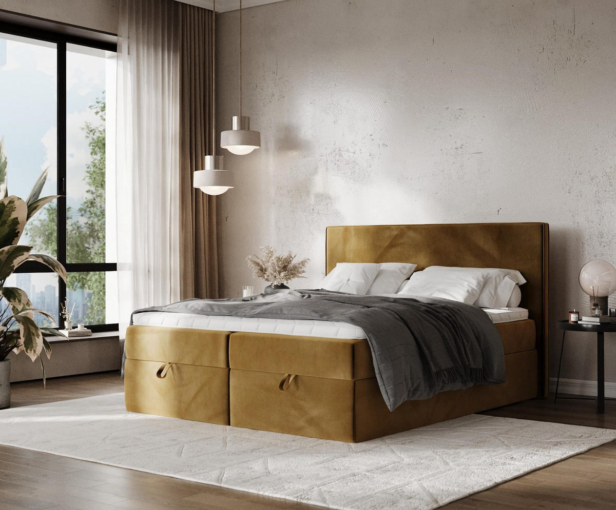 BOXBETT Velma 140/200 cm Honiggelb im Kronos Stoff - Schwarz/Honig, Holz/Holzwerkstoff (140/200cm) - AltaBeds