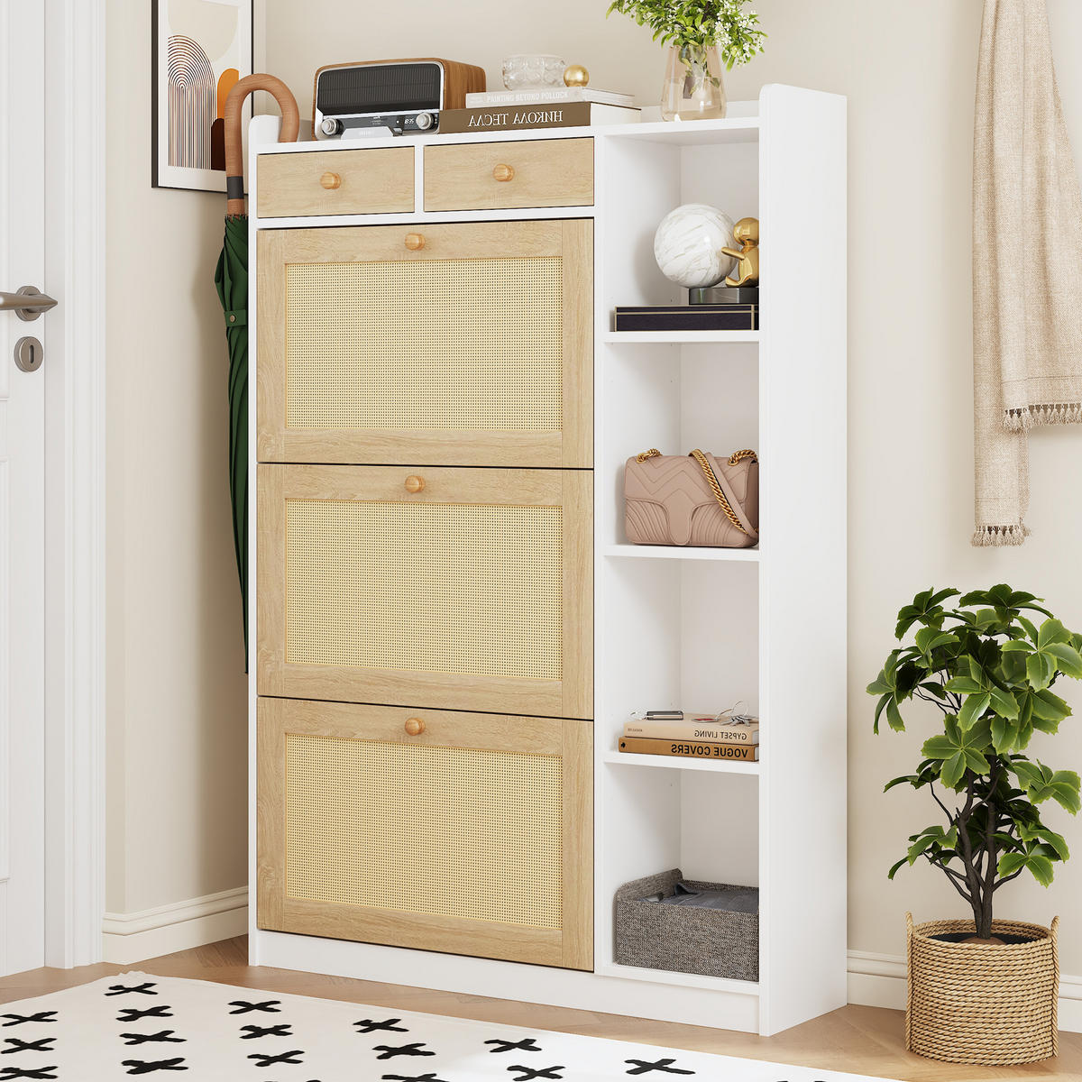 SCHUHSCHRANK 90x24x130cm Rattan mit 3 Klappen, 2 Schubl. - Weiß/Naturfarben, Holzwerkstoff (90/130/24cm) - FLIEKS
