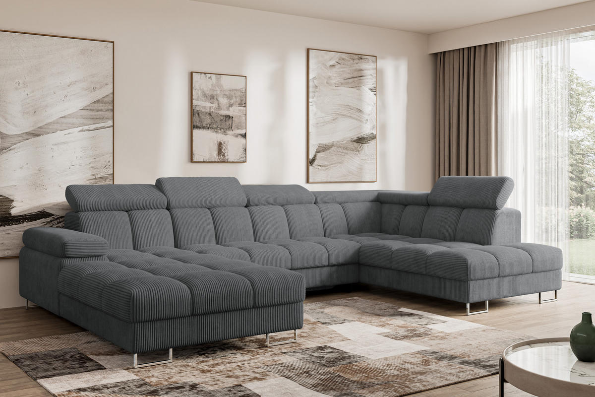 WOHNLANDSCHAFT mit Schlaffunktion und Bettkasten Ottomane RECHTS COMA U 345x203x79 Dunkelgrau Cord - Graphitfarben, Holzwerkstoff/Textil (203/79/345cm) - ALTDECOR