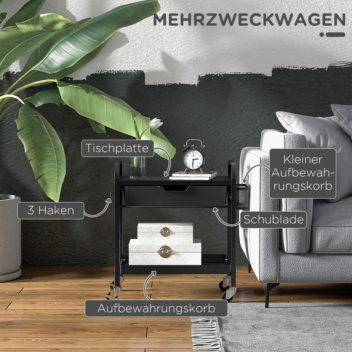 SERVIERWAGEN, Rollwagen, Stahl, Schwarz - Schwarz, Kunststoff (32.6/58.5/61cm) - HOMCOM