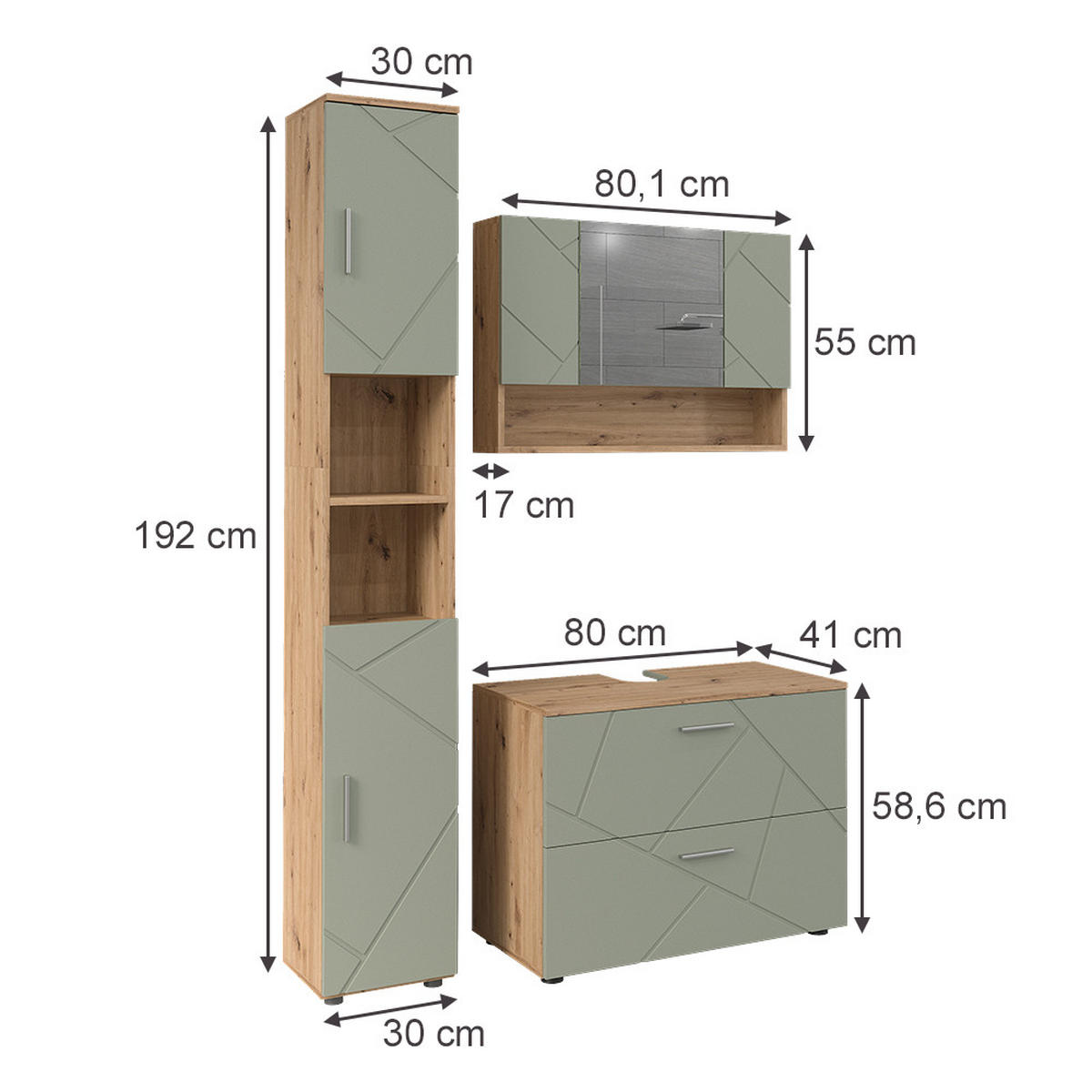 BADMÖBEL-SET Irma Salbeigrün 3 Teile - Salbeigrün, Holzwerkstoff (80/58.6/41cm) - Vicco