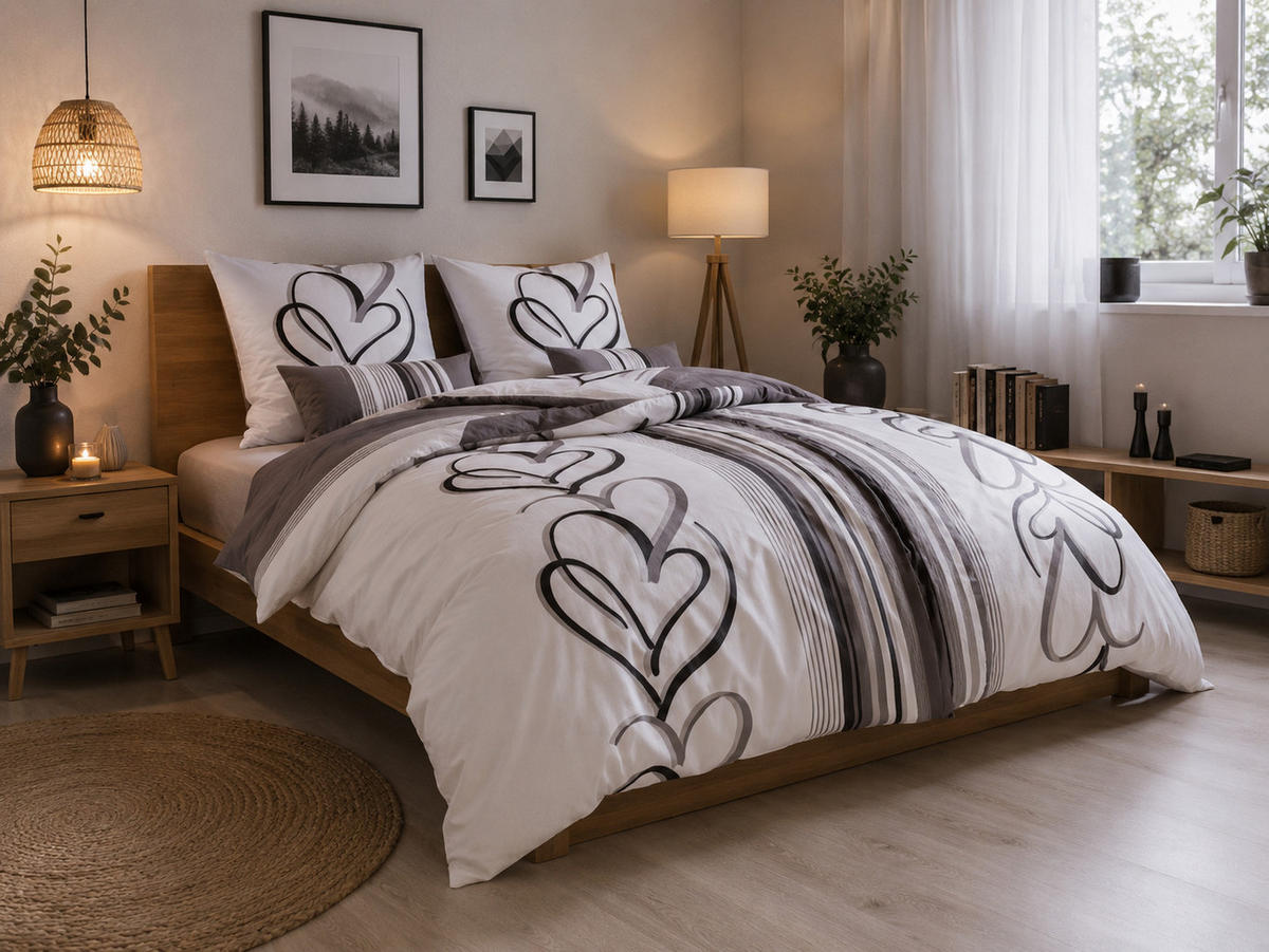 BETTWÄSCHE Herzen Weiß/Grau 155x220 cm Extra Lang 2-teilig - Multicolor, Naturmaterialien (155/220cm) - Nesbel – Beauty & Ambiente