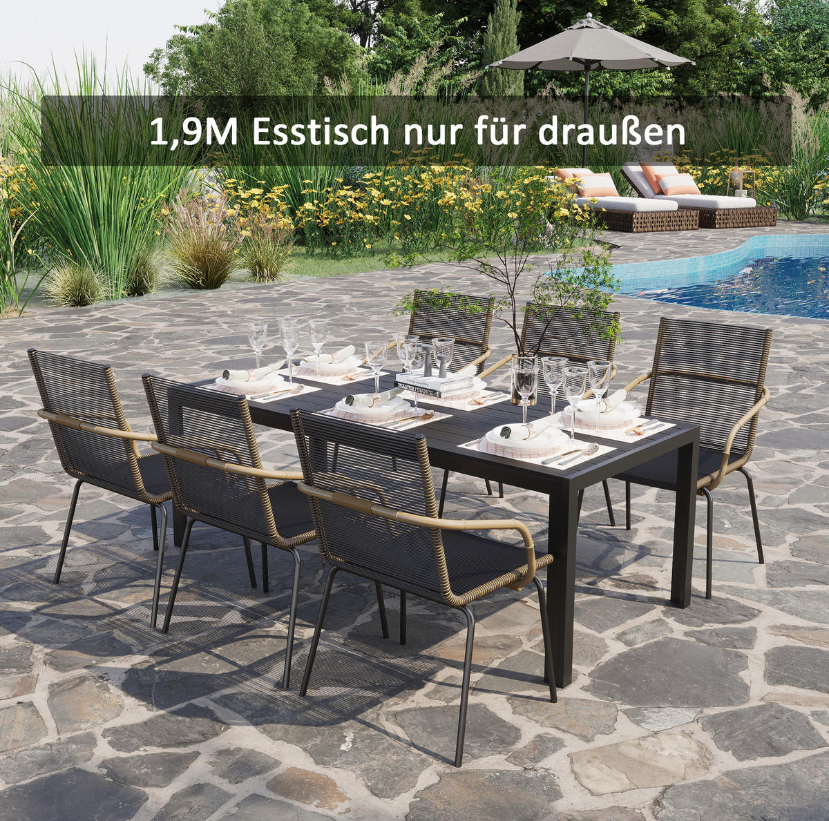 LOUNGETISCH 190/84.5/72 cm Schwarz aus Aluminium wetterfest - Schwarz, Metall (190/84.5/72cm) - OKMYHOME
