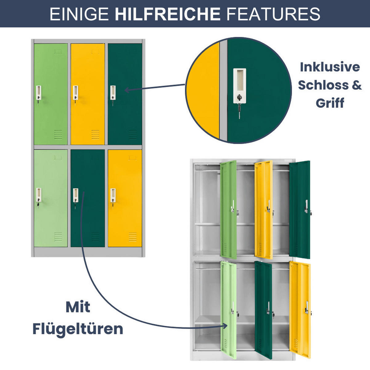 UMKLEIDESCHRANK Spind TOKIO 6 Abteile 150x90x45cm Grün-Gelb - Grün, Metall (90/150/45cm) - DELUKE