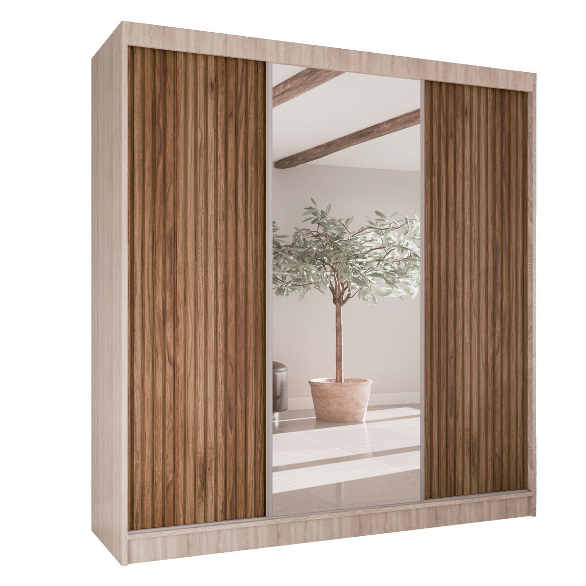 SCHWEBETÜRENSCHRANK Rafi mit Spiegel und mit geriffelten Fronten, 200 cm, eiche Sonoma+eichefarben - Eichefarben/Sonoma Eiche, Holzwerkstoff (200/215/61cm) - AN-Moebel 4u