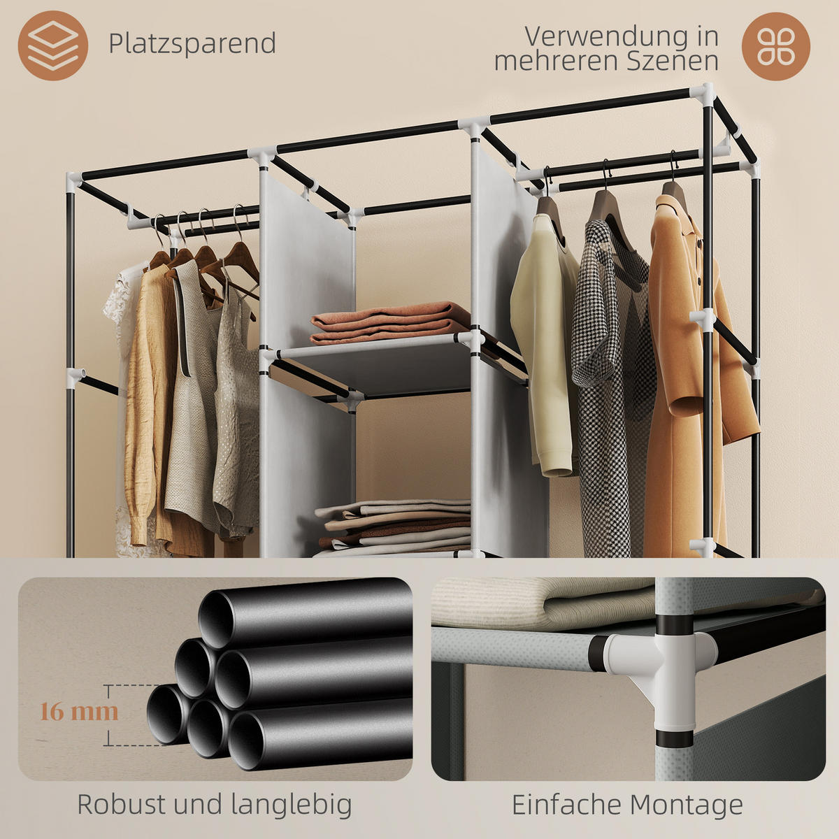 STOFFSCHRANK mit 8 Regalen und 2 Kleiderstangen, faltbarer Kleiderschrank als Aufbewahrungslösung in Grau - Hellgrau, Metall (125/162.5/43cm)