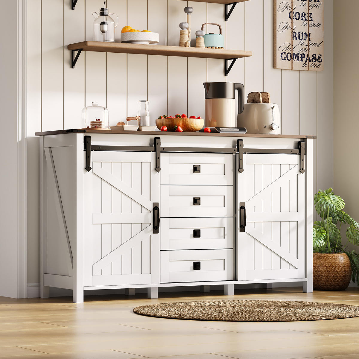 SIDEBOARD in Weiß Seitenschrank mit Schiebetüren und Schubladen für Küchen und Wohnzimmer, B137/T40/H81.5 cm - Weiß, Holzwerkstoff/Metall (137/81.5/40cm) - STILVORA
