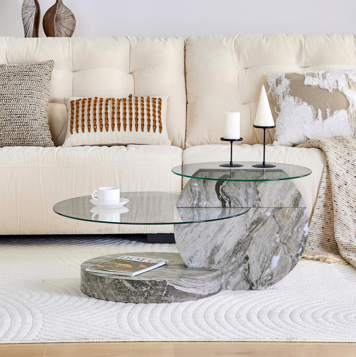 COUCHTISCH 90/70/44 cm mit 2 Ebenen und Sicherheitsglas, runder Wohnzimmertisch in Marmoroptik, Grau/Transparent - Transparent, Holzwerkstoff (90/70/44cm) - Redom