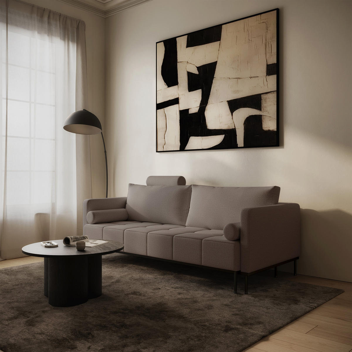 SCHLAFSOFA Skilia mit Schlaffunktion, 3-Sitzer 224 cm - Graubraun/Schwarz, Holz/Metall (224/85/102cm) - Selsey