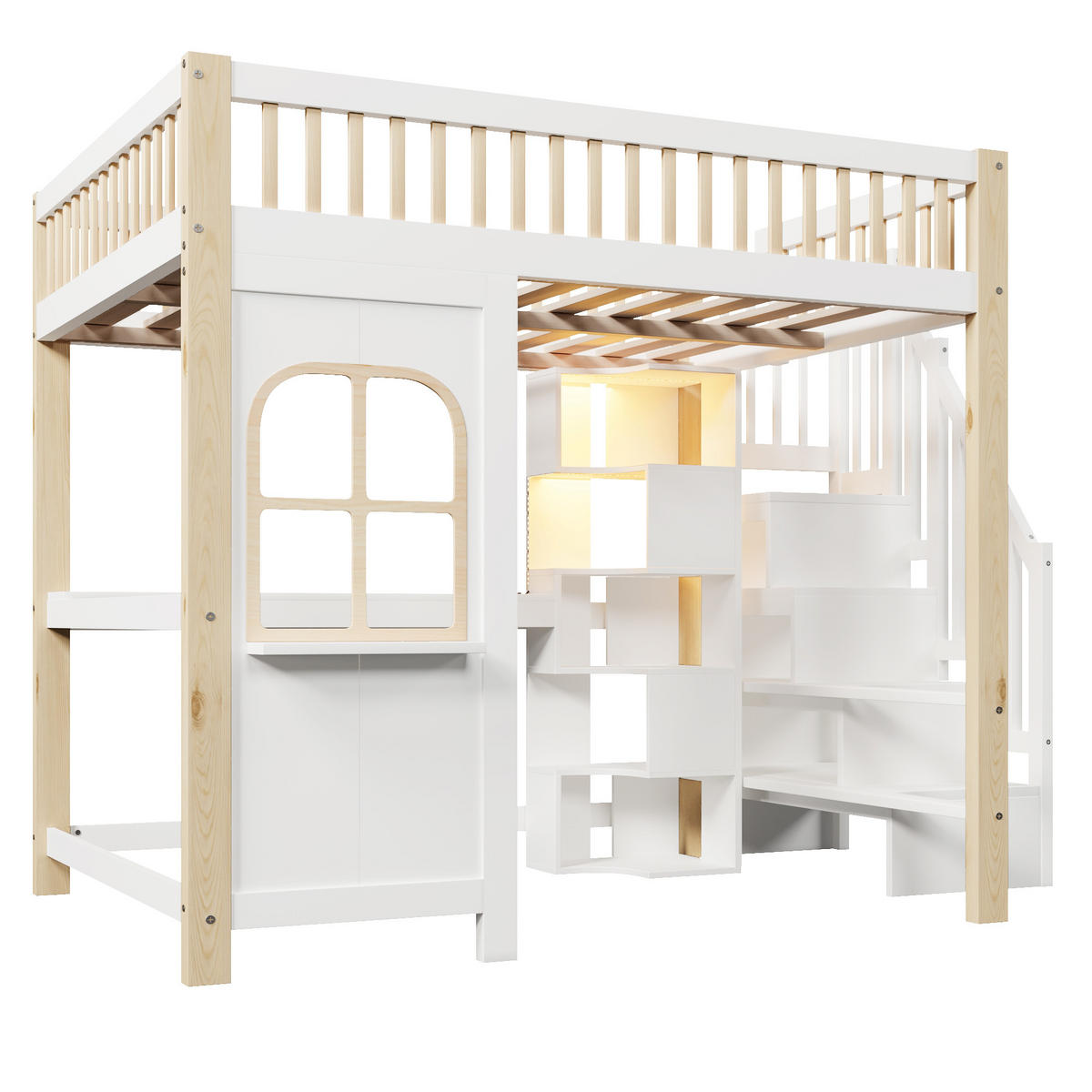 HOCHBETT 140/200 cm in Weiß & Natur mit LED, Ablageleiter und Schreibtisch - Weiß/Naturfarben, Holz/Holzwerkstoff (140/200cm) - STILVORA