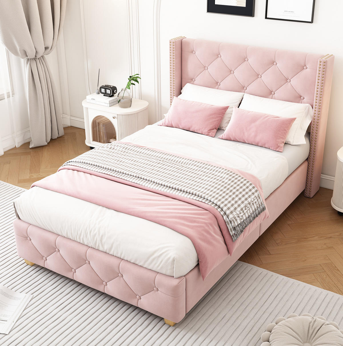 POLSTERBETT 90/200 cm mit Lattenrost, Knopfheftung & Nieten-Details, Rosa - Rosa, Textil (90/200cm) - Redom