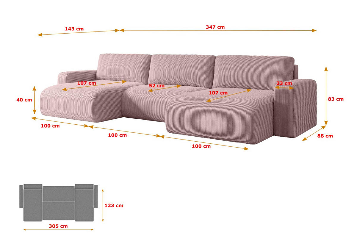 WOHNLANDSCHAFT mit Schlaffunktion und Bettkasten KLEEA-U - 347x143x83 cm Rosa Cord - Schwarz/Rosa, Holzwerkstoff/Kunststoff (347/83/143cm) - ALTDECOR