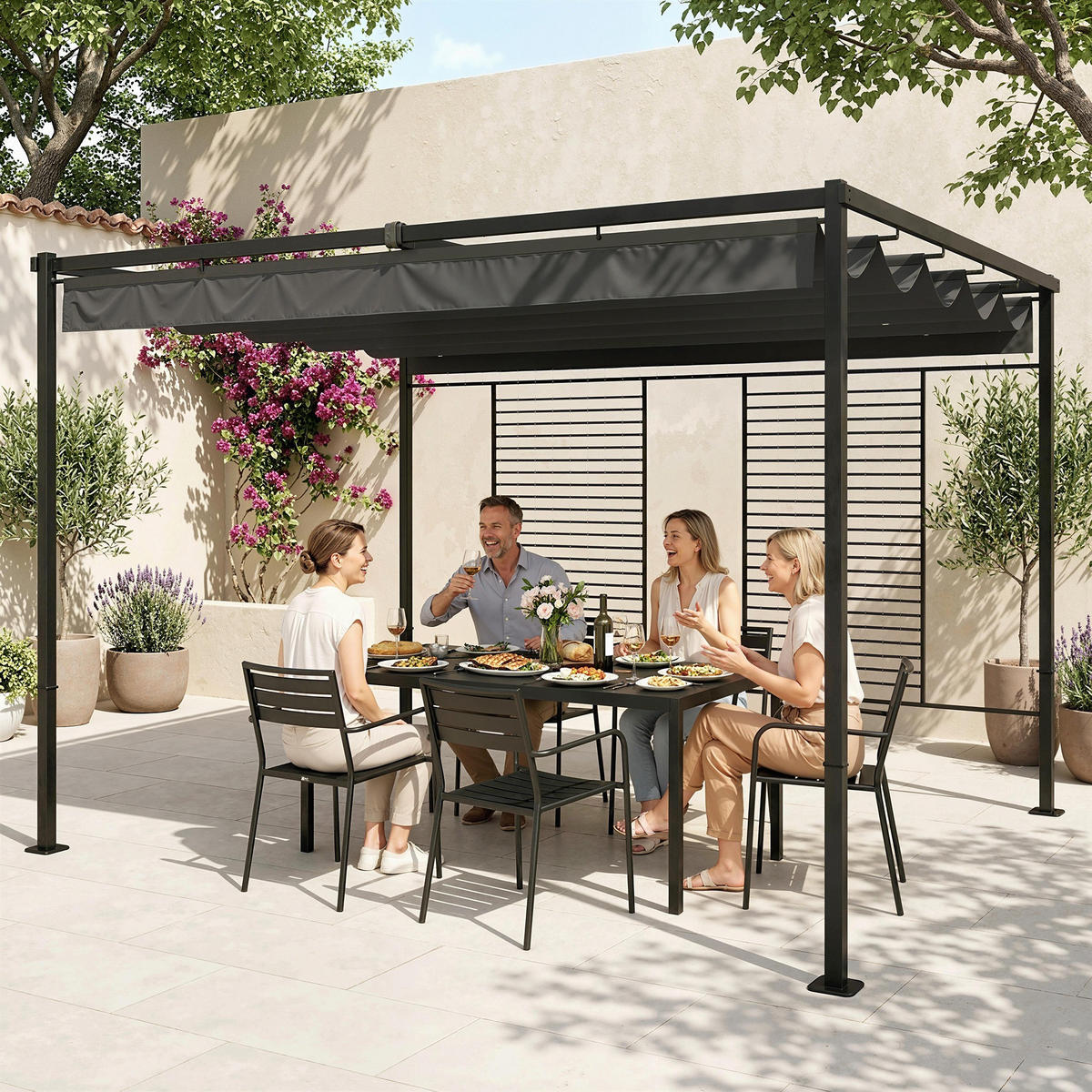 PERGOLA 3,87 x 2,97 m Terrassenüberdachung mit Schiebedach, 2 Sichtschutz, UV 50+ Dunkelgrau - Dunkelgrau, Metall (387/220/297cm)