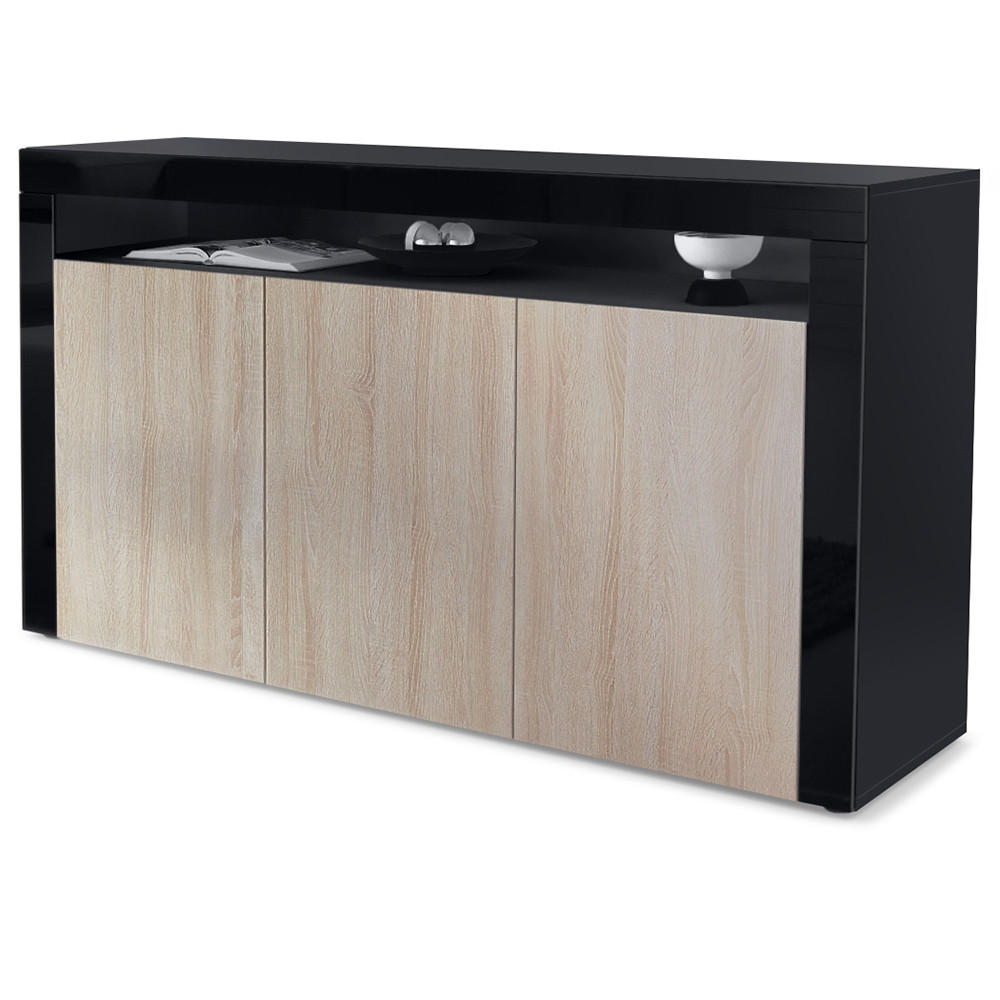 SIDEBOARD Valencia Eiche sägerau / Schwarz Hochglanz - Eiche San Remo, Holzwerkstoff (155/92/40cm) - Vladon