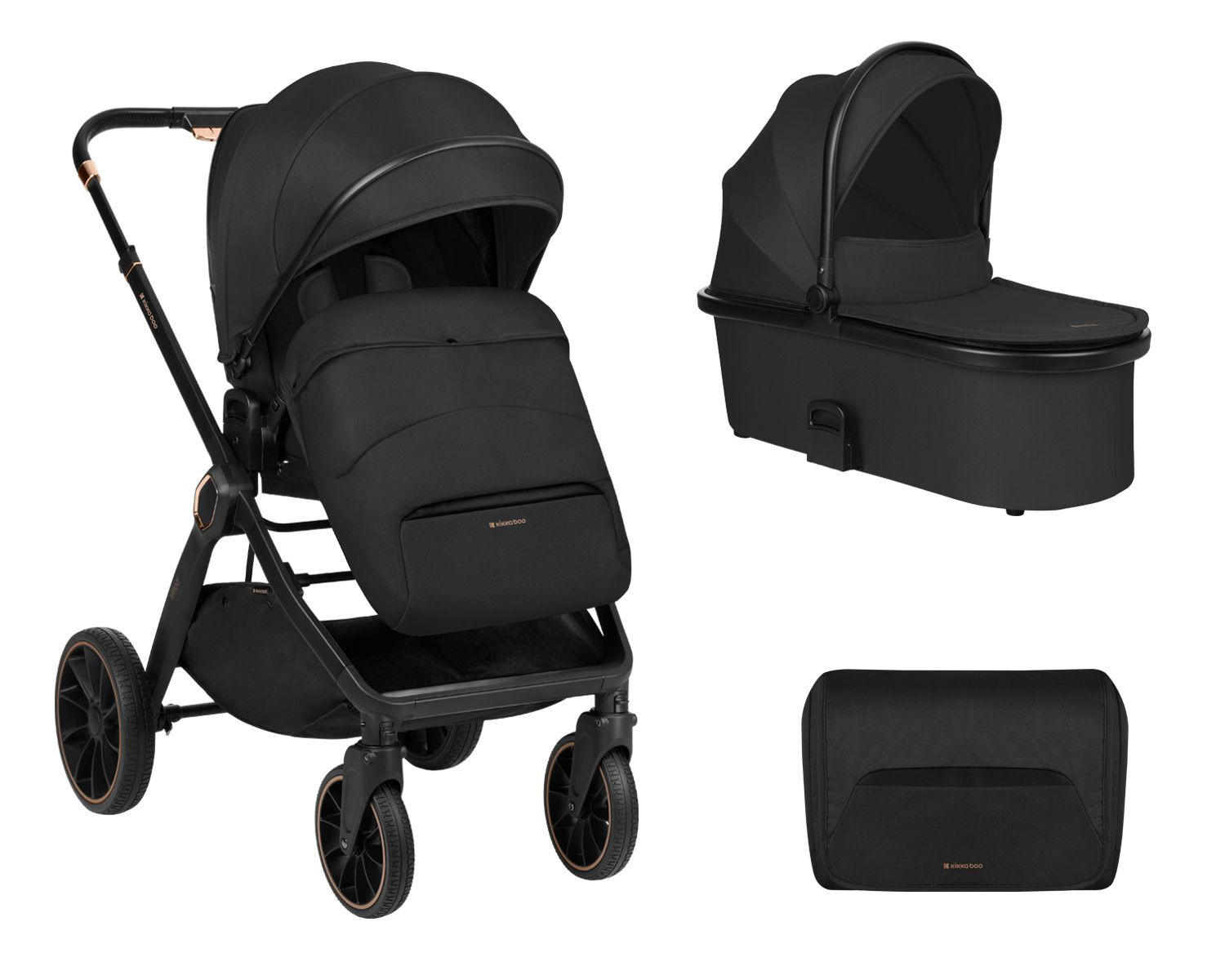 KINDERWAGEN Tiffany 2 in 1 black Babywanne, Sportsitz, Wickeltasche, PU-Räder - Schwarz, Metall (81/59/102cm) - Kikka boo