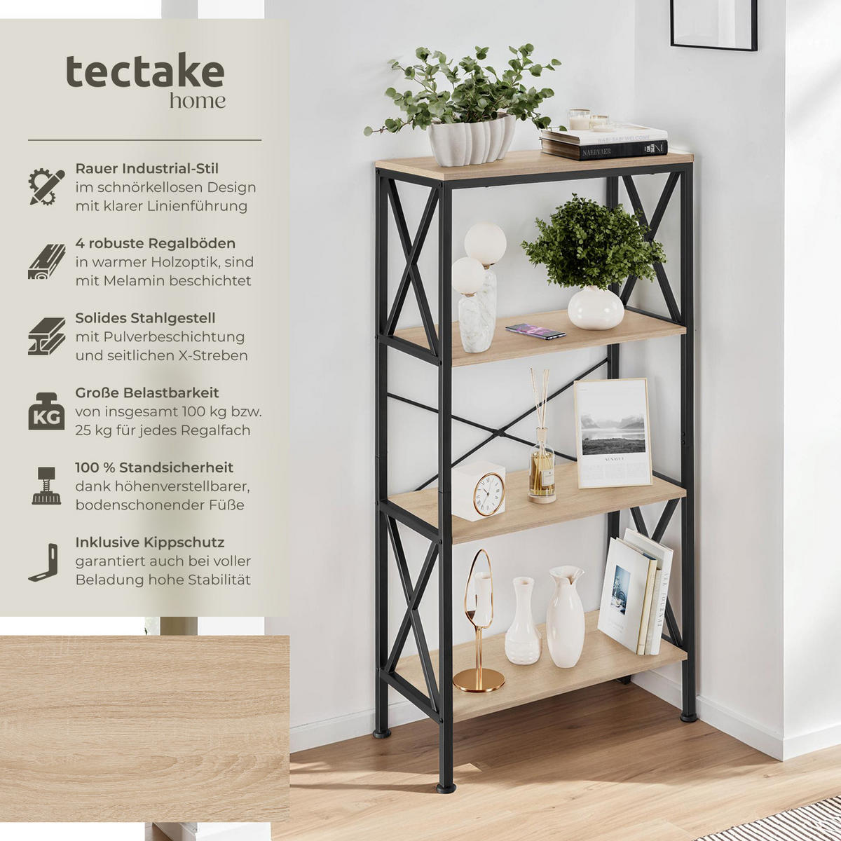 REGAL Barry,inklusive Kippschutz, 61,5 x 31,5 x 133,5 cm,Industrial Holz hell, Eiche Sonoma - Naturfarben, Holzwerkstoff (31.5/133.5/61.5cm) - tectake