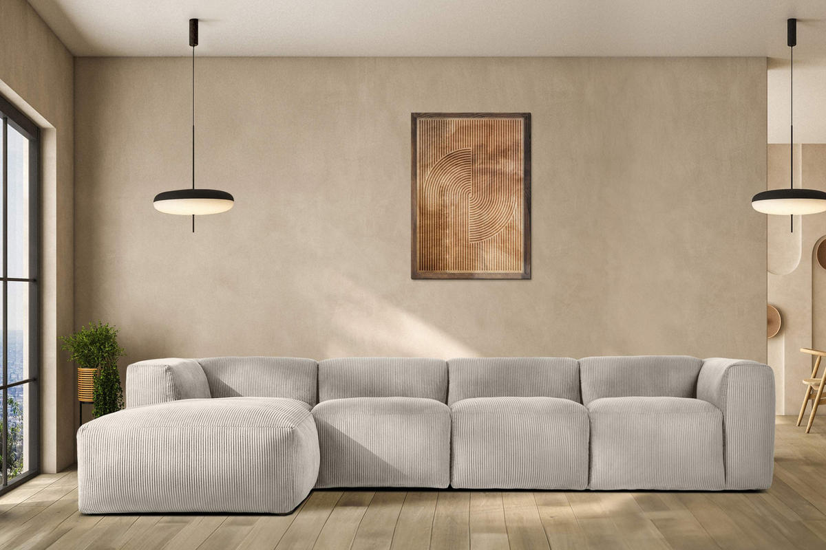 ECKMODULSOFA-RECHTS BUFFO 6-Sitzer mit extrem weicher Sitzfläche, Kordstoff, cremefarben - Creme, Textil (377/180cm) - KONSIMO®