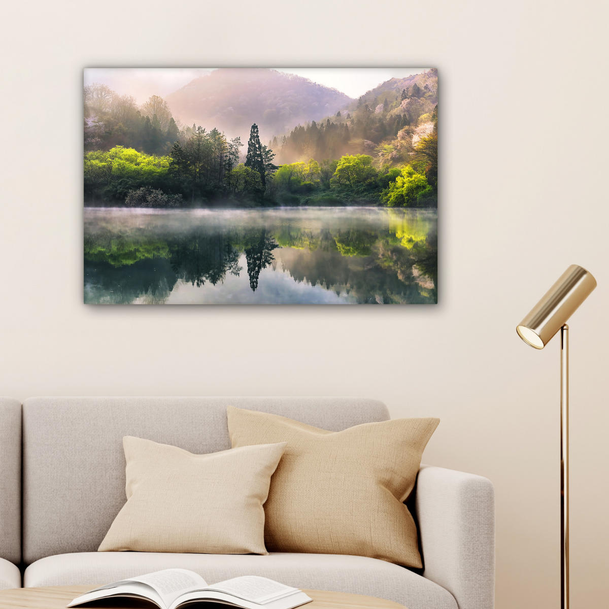 LEINWANDBILD Natur - Bäume - Berge - See - Wasser Wanddeko 90x60 cm - Hellgrün, Textil (90/60cm) - MuchoWow