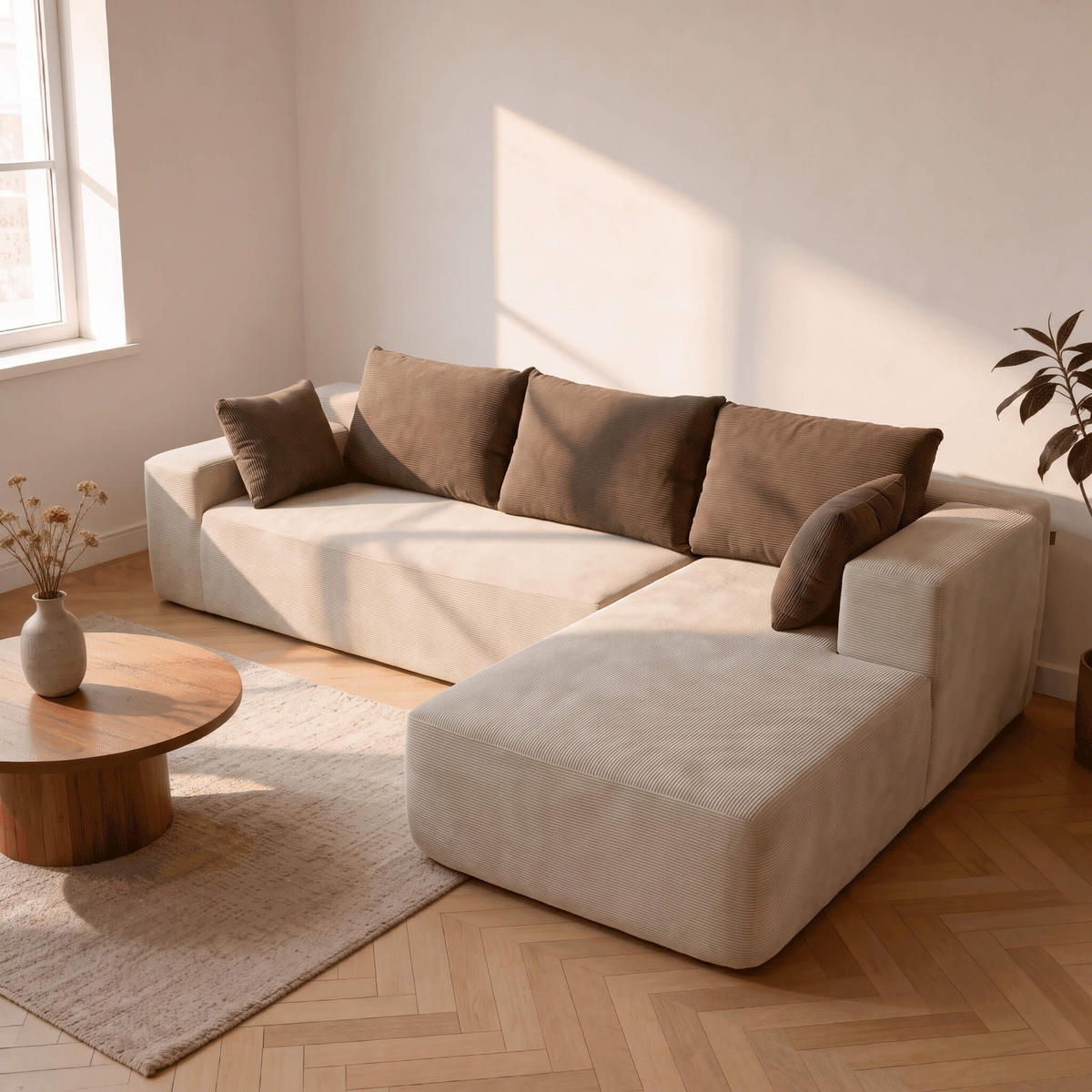 ECKSOFA Luna Sand Braun 3-Sitzer Rechts - Braun, Textil (267/175cm) - COCO Living