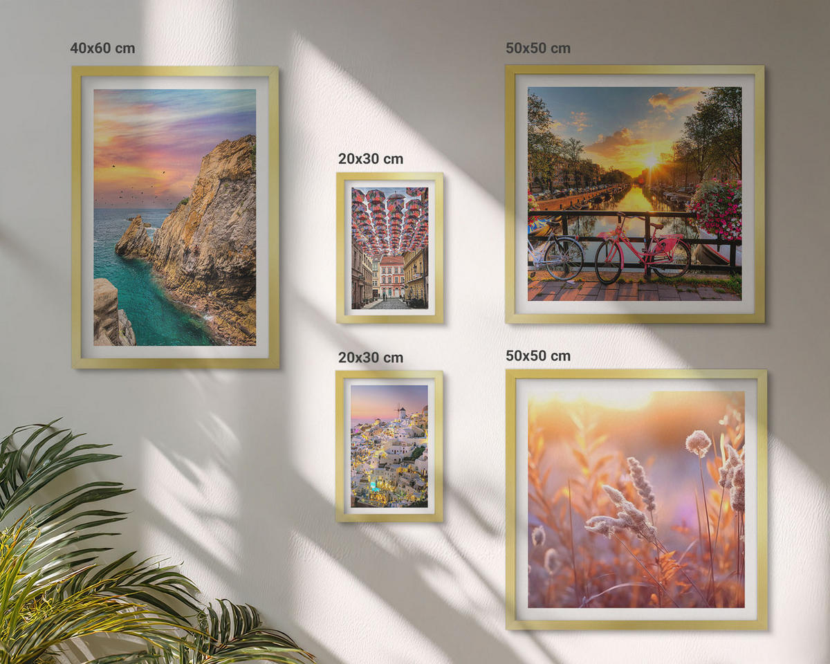 WANDBILDER 5er Set - 50x50 cm & 20x30 cm & 40x60 cm Goldrahmen - Sonnenuntergänge am Meer - Goldfarben, Kunststoff (40/60cm) - ArtPrintCave