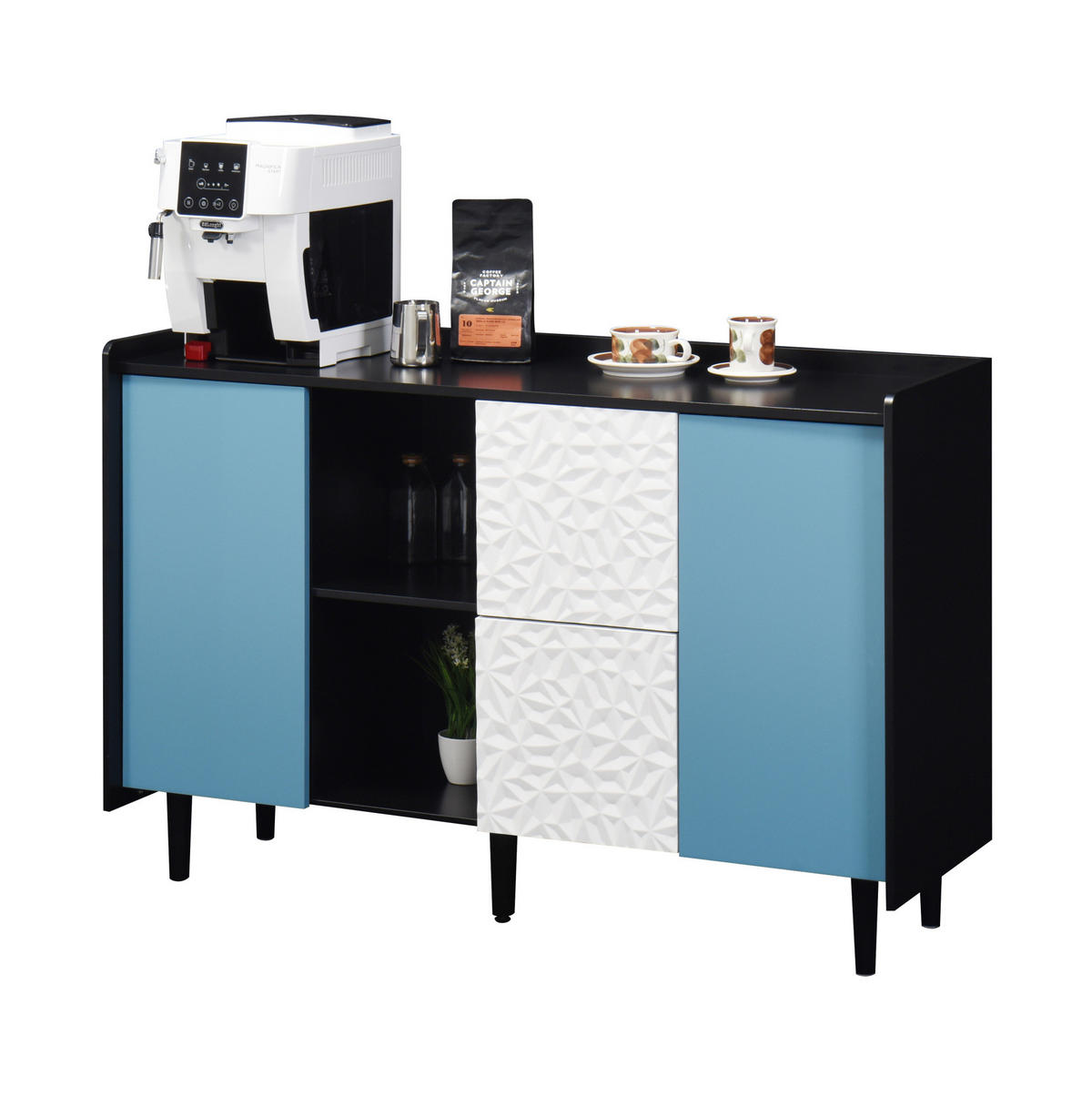 SIDEBOARD 120/40/80 cm mit 2 Schubladen & 2 offenen Fächern in Schwarz/Blau - Schwarz, Holzwerkstoff (120/80/40cm) - BEAOK