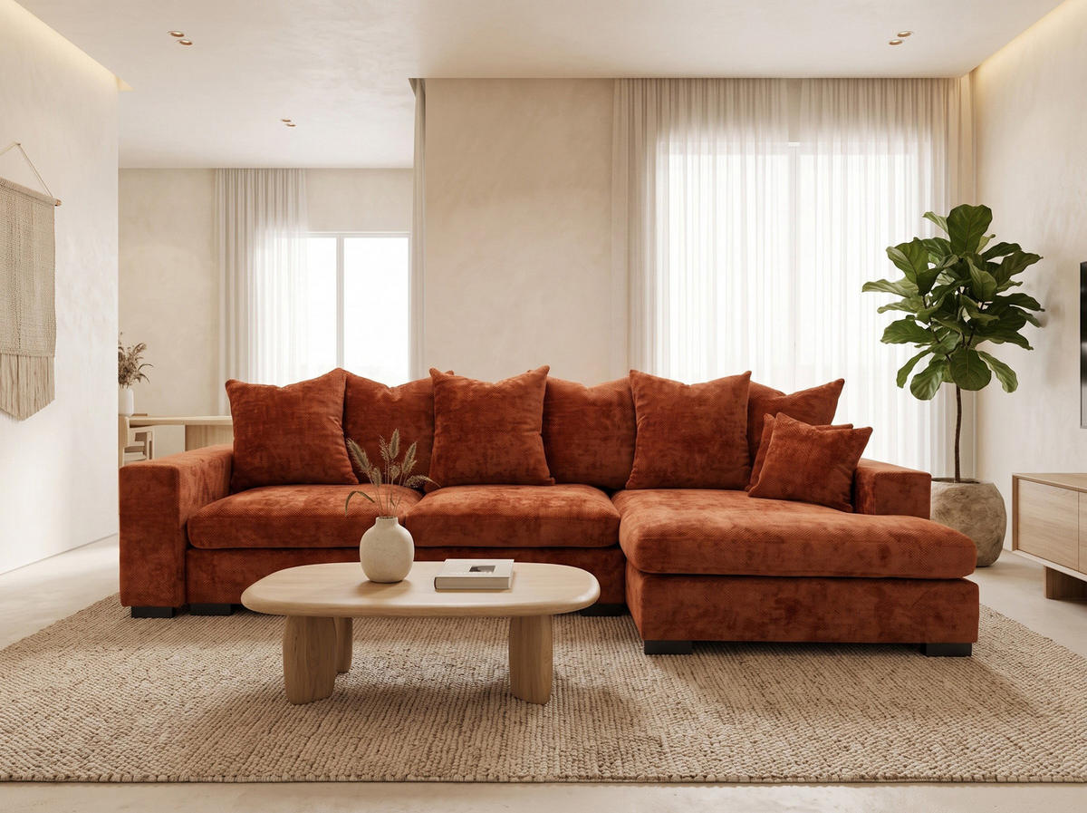 ECKSOFA Dahlia mit Schlaffunktion und Bettkasten in L-Form Rechts - Terrakotta Chenille 285/92/155 cm - Terracotta/Schwarz, Kunststoff/Textil (155/285cm) - WFL GROUP