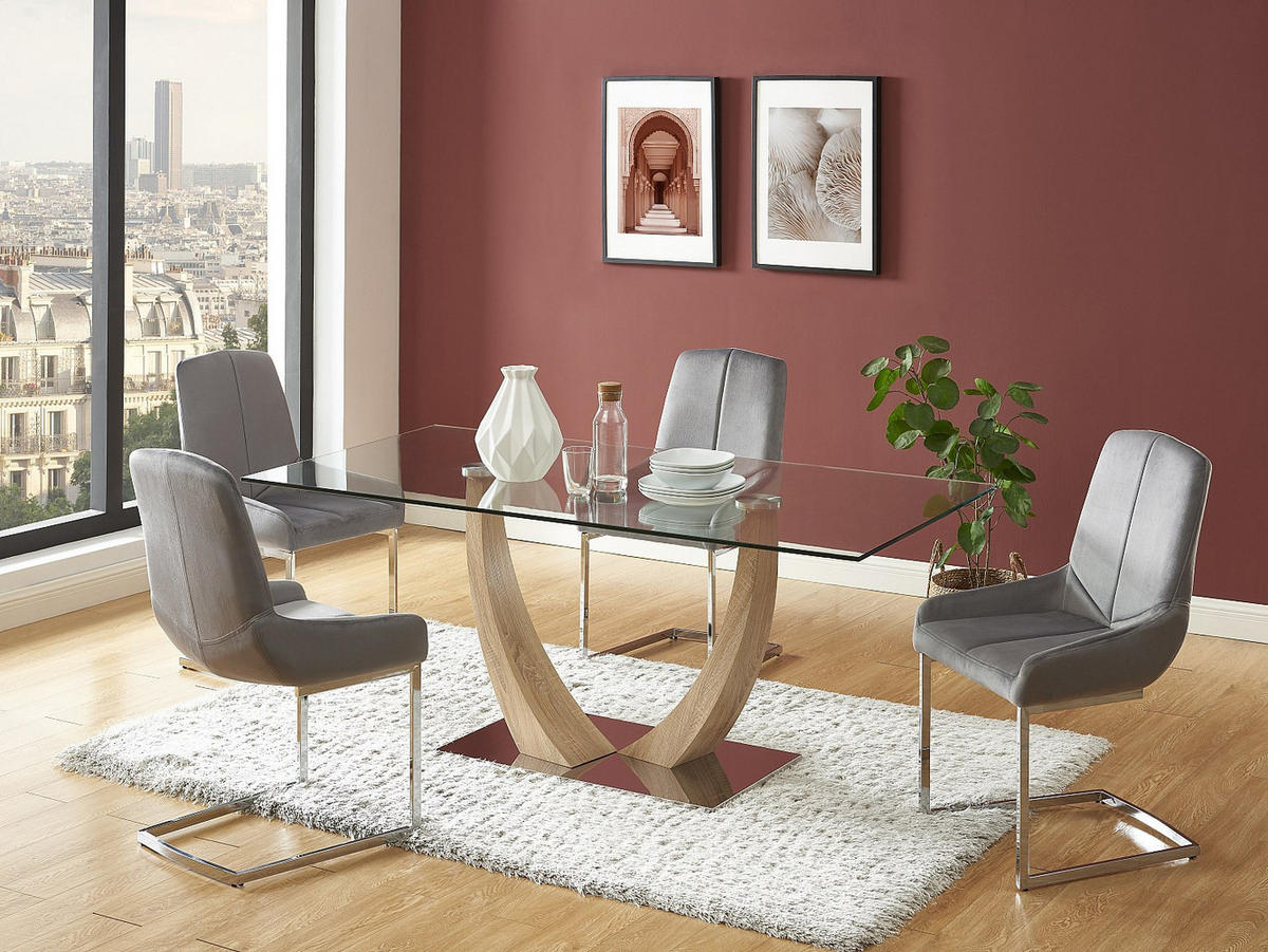 ESSTISCH für 6 Personen - Sicherheitsglas, MDF & Edelstahl - Helle Holzfarben - MELODIE II - Transparent, Glas (180/90/75cm) - Vente-Unique