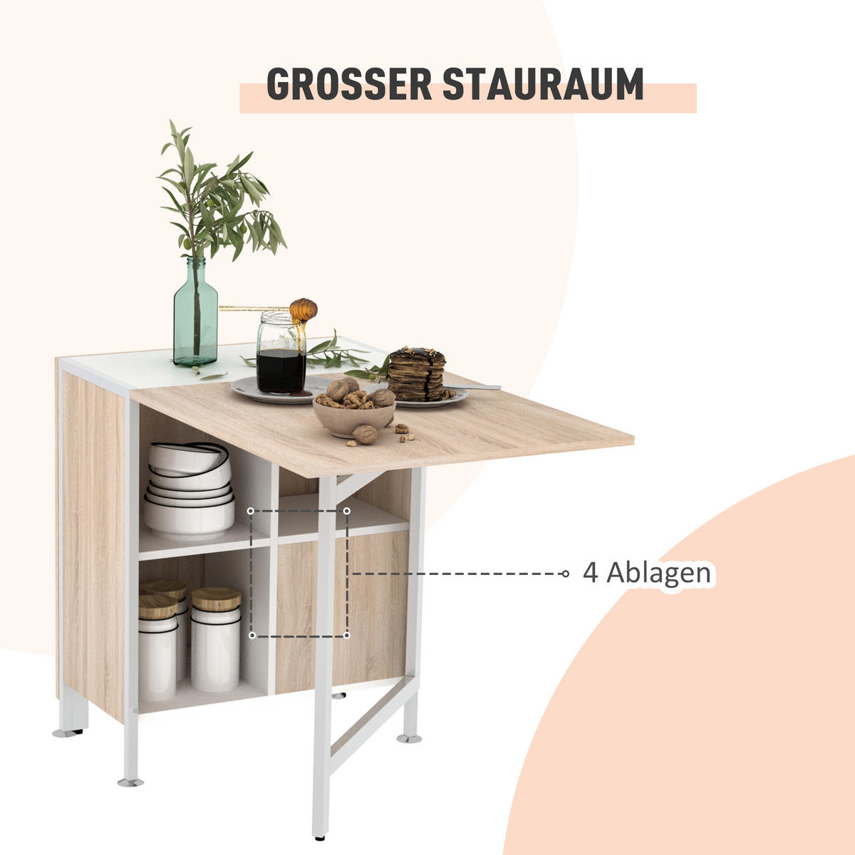 KLAPPTISCH Esstisch Beistelltisch Eiche Metallrahmen Küche Wohnzimmer Natur+Weiß - Naturfarben, Kunststoff (60/75/169cm) - HOMCOM