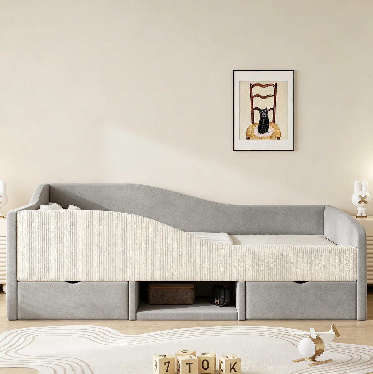 POLSTERBETT 90/190 cm aus Samt mit Schutzgitter, Grau - Grau, Textil (90/190cm) - OKMYHOME