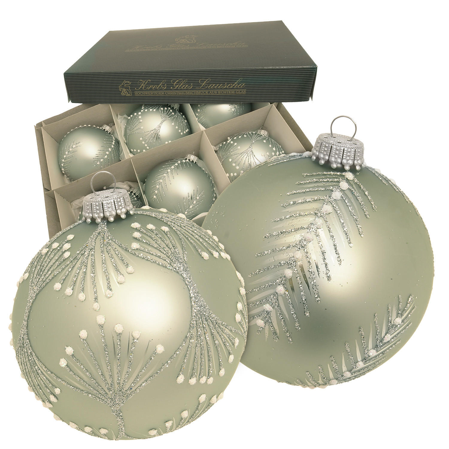 CHRISTBAUMKUGELN Kugeln Frostige Zweige Grün 8cm (Glas / 6 Stk.) - Grün, Glas (8/8/8cm) - Krebs Glas Lauscha