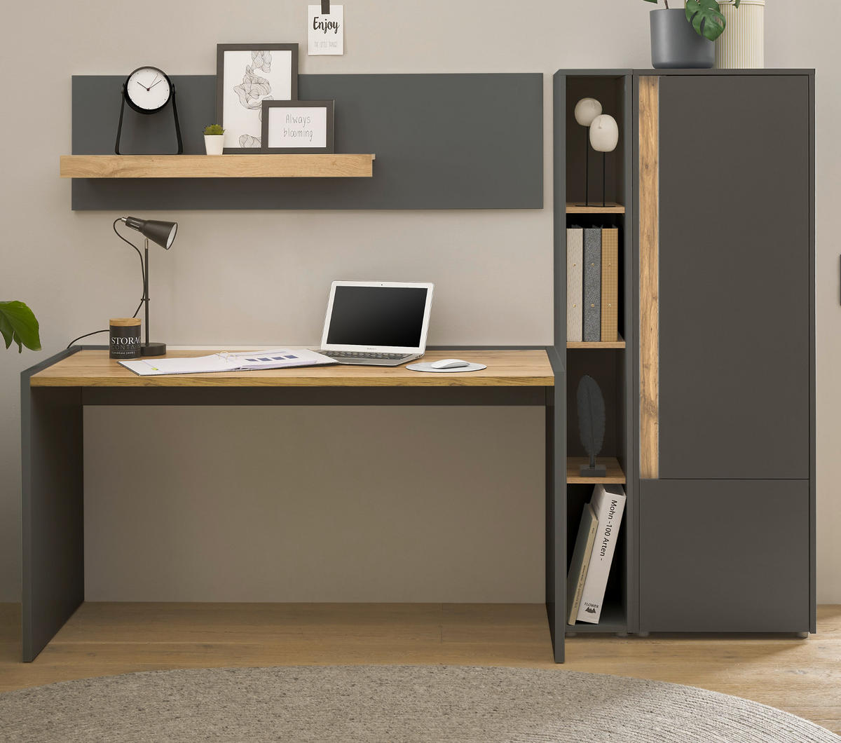 SCHREIBTISCHKOMBINATION 4-teilig grau matt, Eiche Wotan 213 cm, Büromöbel Set mit viel Stauraum - Eichefarben/Eiche Wotan, Holz/Holzwerkstoff (62/213/155cm) - Furn.Design