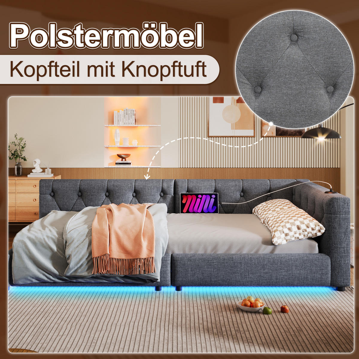 TAGESBETT 90/200 cm mit Lattenrost und USB-Anschlüssen Grau Leinen - Grau, Textil (90/200cm) - OKWISH