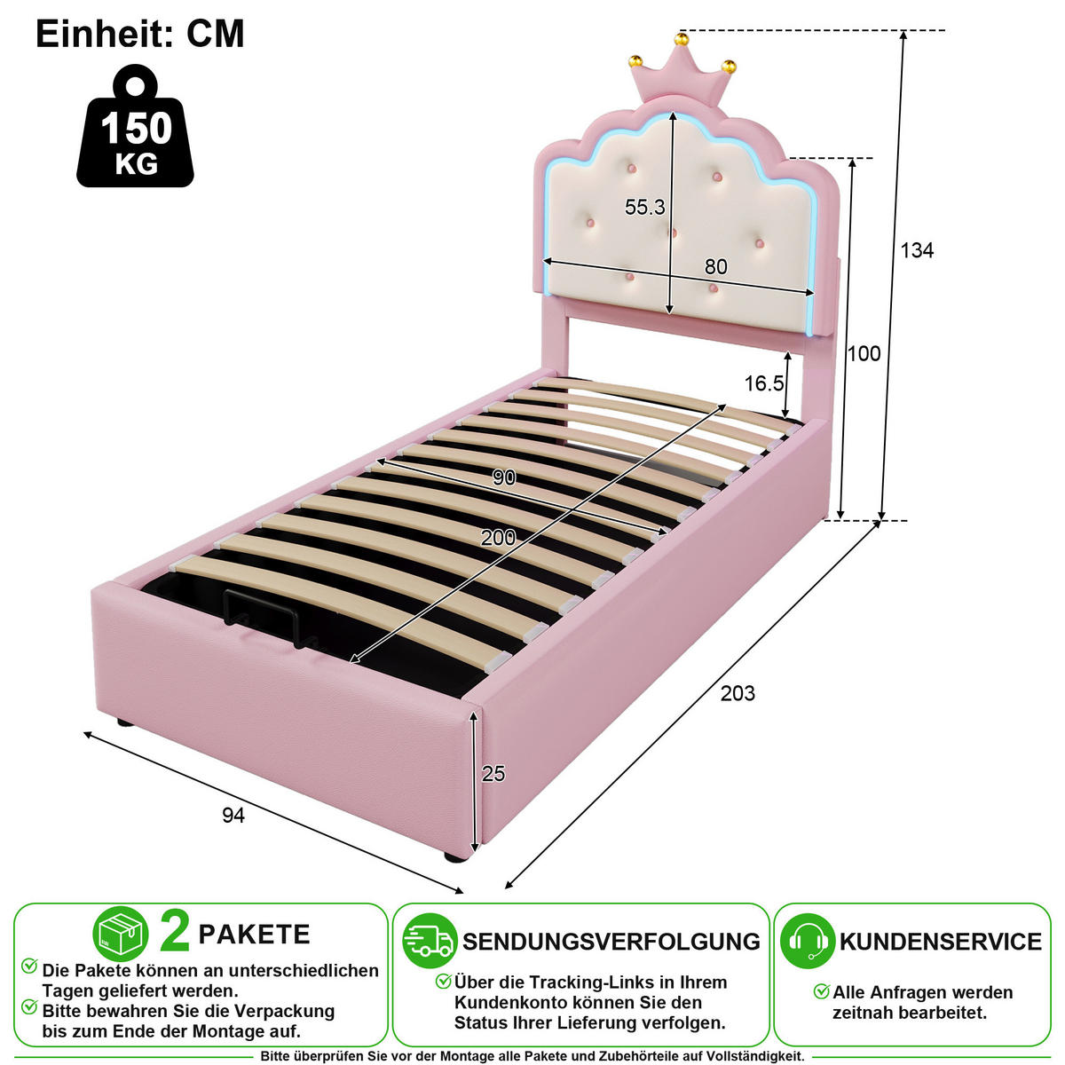 KINDERBETT 90/200 cm in Rosa mit Stauraum und LED Kunstleder - Rosa, Holzwerkstoff/Textil (90/200cm) - CHICFURN