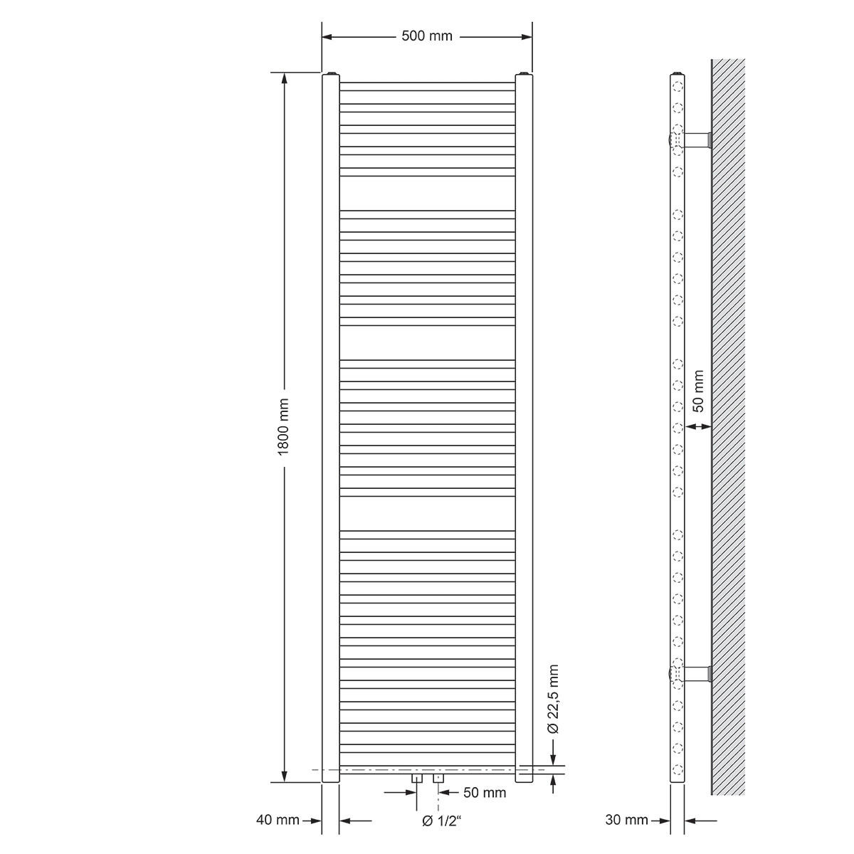 KOUPELNOVÉ těleso Sahara 500 x 1800 mm, bílé, rovné, se středovým připojením - bílá, kov (50/180/3cm) - LuxeBath