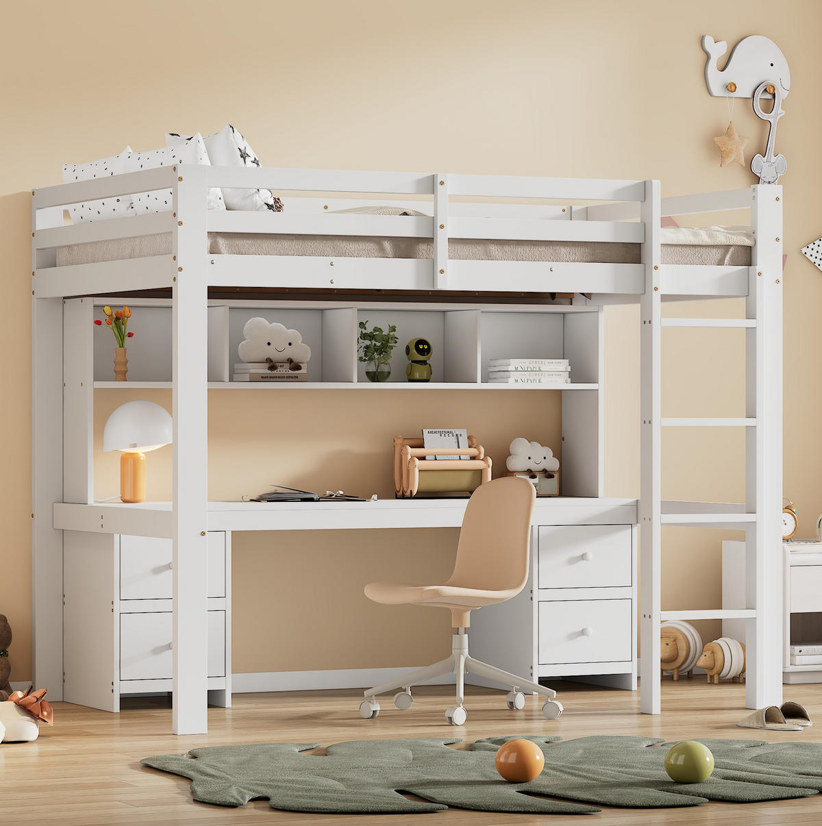 HOCHBETT 90/200 cm Weiß mit Schreibtisch und Stauraum - Weiß, Holz (90/200cm) - Flora Grace