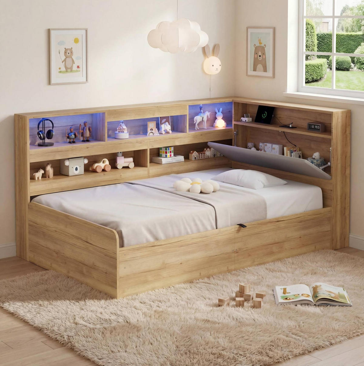 KINDERBETT 90/200 cm mit hydraulischem Stauraum, LED-Beleuchtung und USB-Ladestation, Natur - Naturfarben, Holzwerkstoff (90/200cm) - Redom