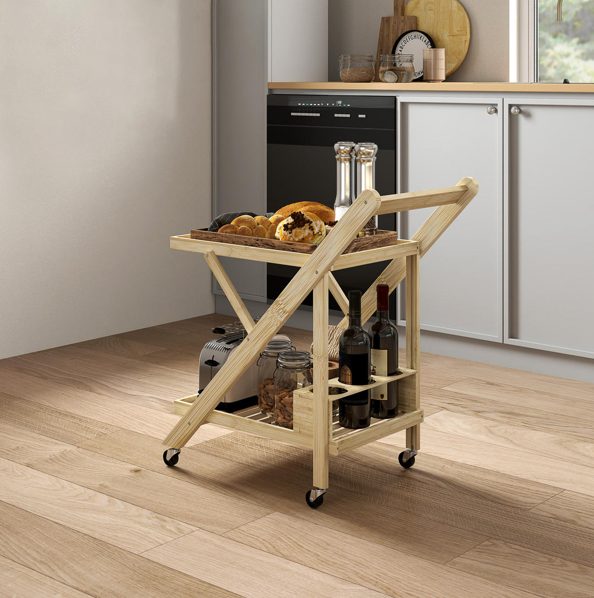 KÜCHENINSEL 66/40/70 cm klappbar mit Rollen, 2 Ablagen und Weinregal aus Bambus, Natur - Hellbraun, Naturmaterialien (66/70/40cm) - Redom